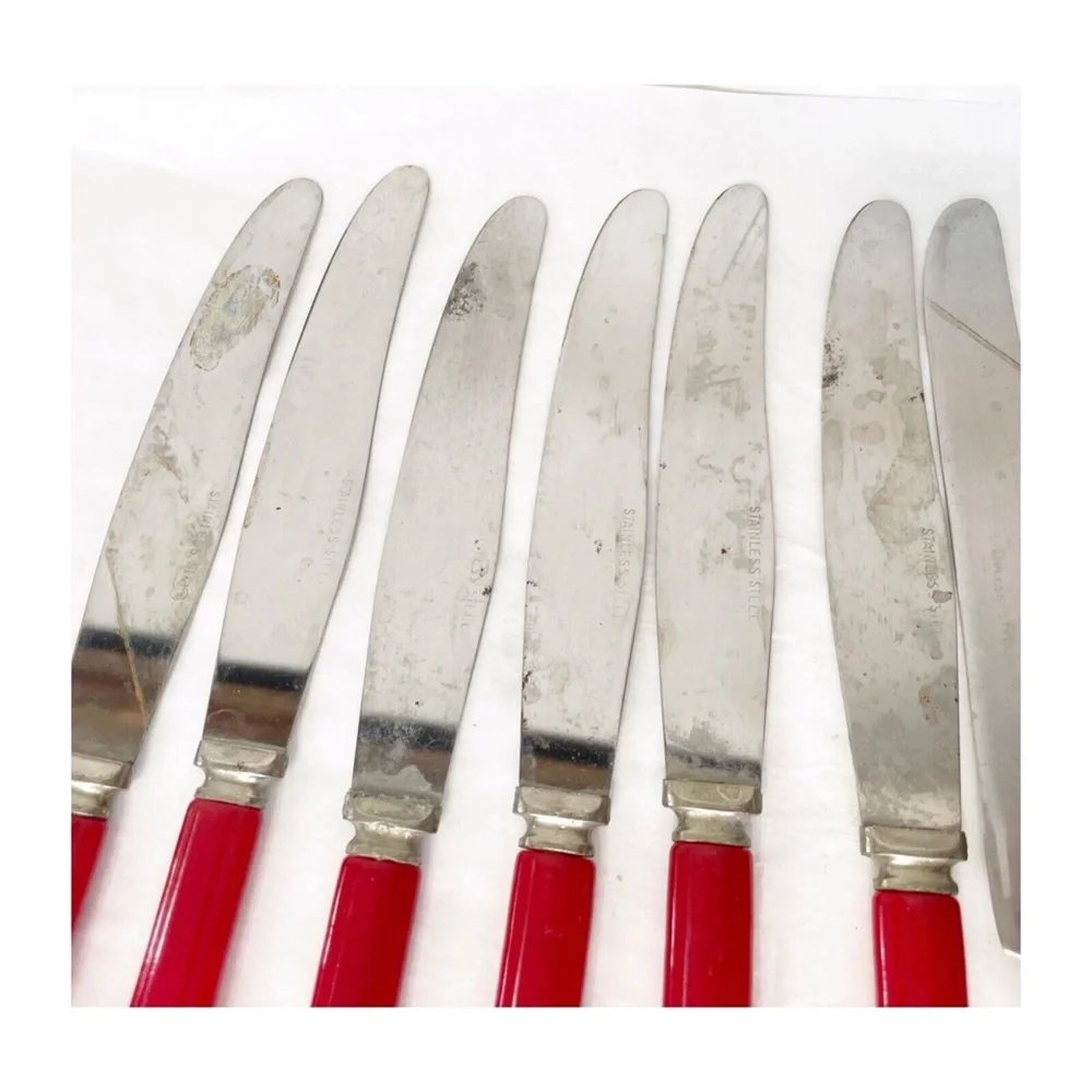 Peerless Stainless Steel Lot of 25 Dinner Knives, Forks, Soup Spoon Red Handle